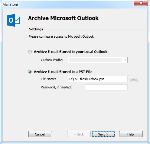 Archiving Outlook PST Files Directly 30 Select Archive Email Stored in a PST File as source and specify the PST file to be archived. Click on Next.