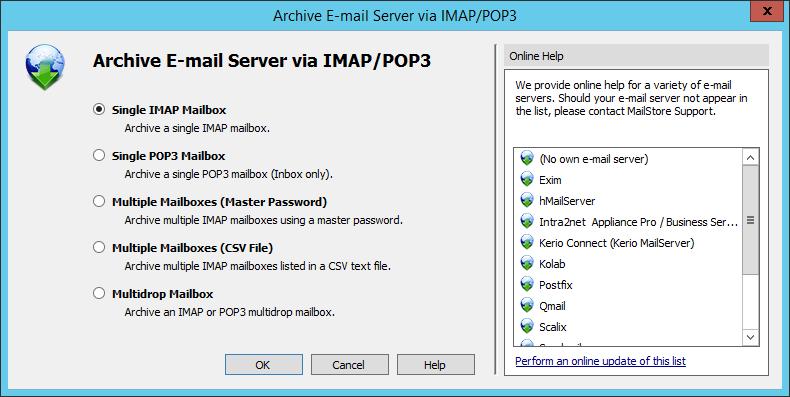Archiving Server Mailboxes 47 Select Single Mailbox and click on OK. Fill out the fields Email Address, Host, Access via, User Name and Password.