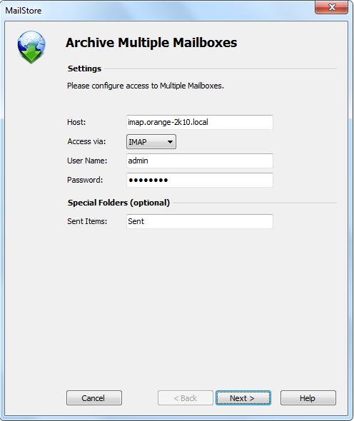 Batch-archiving IMAP Mailboxes 51 Fill out the fields Host and Access via and enter the login data of the privileged user under User Name and Password.
