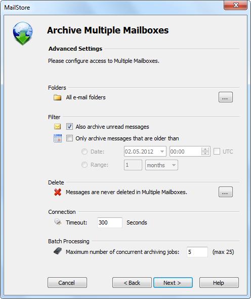 Batch-archiving IMAP Mailboxes 52 If needed, customize the list of folders to be archived, the deletion rules, the filters, the timeout value in seconds and the maximum number of archiving