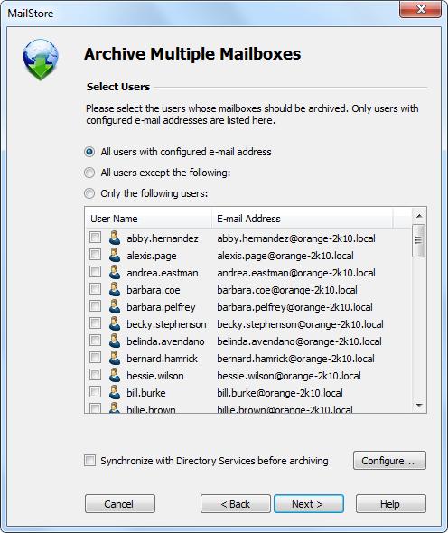 Batch-archiving IMAP Mailboxes 53 The following options are available: All users with configured email address Choose this option to archive the mailboxes of all users who are set up, along with
