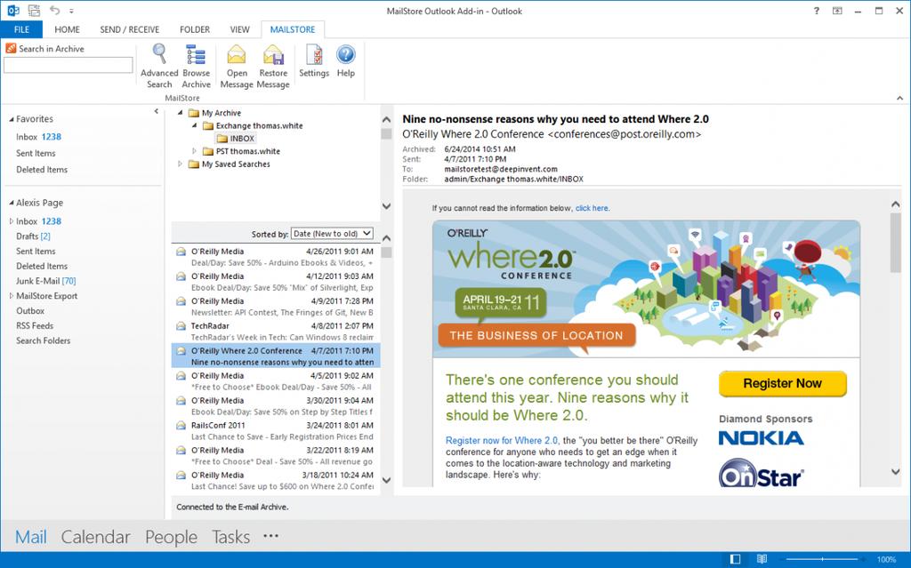 Accessing the Archive 62 Accessing the Archive with the Microsoft Outlook Integration With a MailStore add-in, users can access the archive directly from