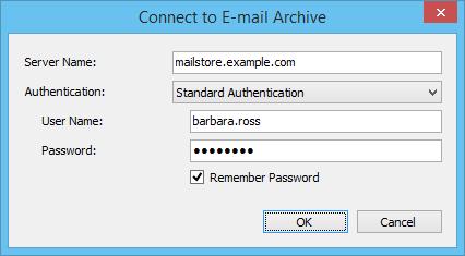 Accessing the Archive with the Microsoft Outlook integration 78 Login to MailStore Server If the MailStore Outlook Add-in is not pre-configured, you will be asked to log in to MailStore Server as