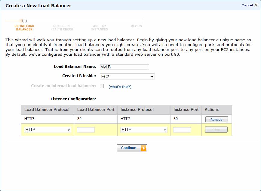 Step 7: Create an Elastic Load Balancer f. Leave the Listener Configuration set to the default value for this example.