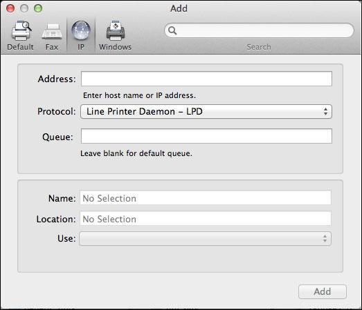 MAC OS 44 TO ADD A PRINTER WITH THE IP PRINTER CONNECTION 1 Click the IP icon in the dialog box.