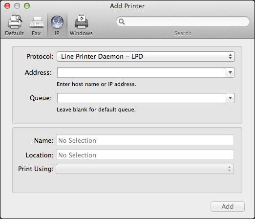MAC OS 48 TO ADD A PRINTER WITH THE IP PRINTER CONNECTION 1 Click the IP icon in the dialog box.