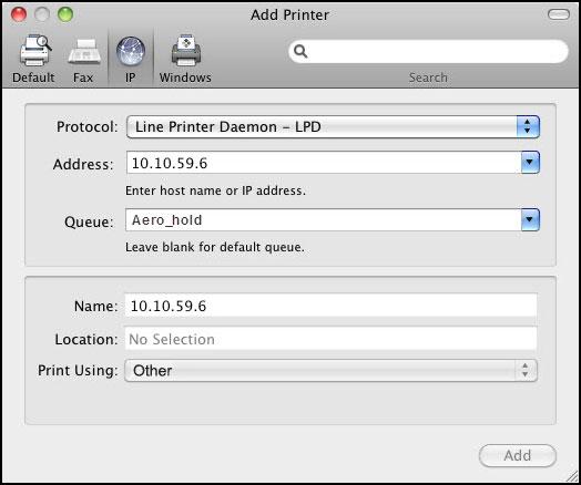 MAC OS 51 TO ADD A PRINTER WITH THE IP PRINTER CONNECTION 1 Click the IP icon in the dialog box.