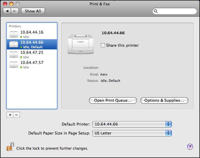 MAC OS 57 Selecting the E-42B in the Printers list Before you print a job, you must select the E-42B in the Printers list. Use the following procedure to select the E-42B as your default printer.