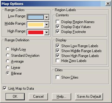 To select range colors 1. In a map view, do one of the following: Click the right mouse button and choose Map Options. From the View menu, choose Map Options. The Map Options dialog box appears. 2.