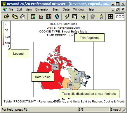 Map Elements The map view contains title captions, a legend, the data values associated with each region, and a footnote. You can select, manipulate, and rearrange these elements.