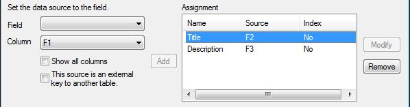 It also gives internal names to the three columns in the data source. F1: The index number of each row. This is automatically created. F2: The first column (title).