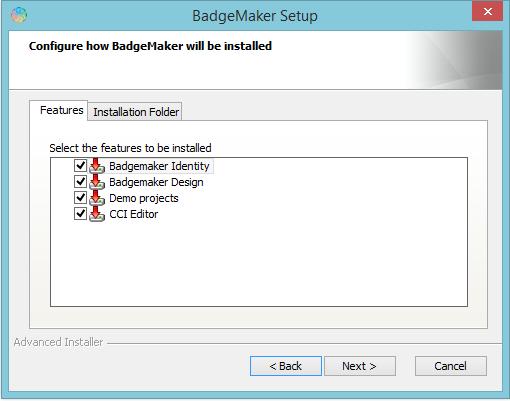 Step 3a. The Features tab: This step in the installation process is to select how you would like to install BadgeMaker. You can select the features you would like to install.