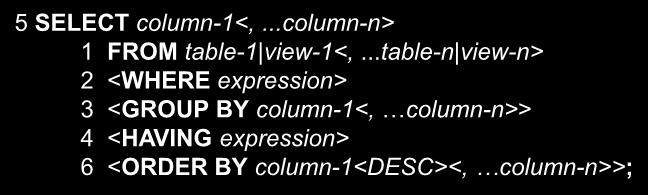 ..table-n view-n> 2 <WHERE expression> 3 <GROUP BY column-1<,