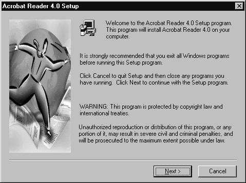 5HVXOW The Unpacking Adobe Acrobat Reader dialog box appears followed by the Setup dialog box.