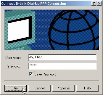 3. In the Connect D-Link Dial-Up PPP Connection window type in the correct User name and Password given to you by your