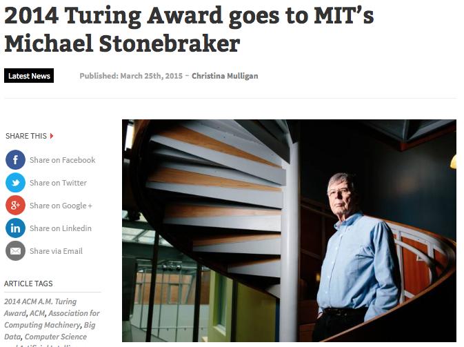 Michael Stonebraker as the 2014 Turing Award winner for
