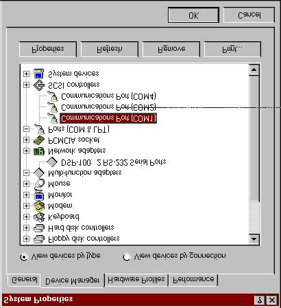 6. View the Properties dialog for each COM port and examine the Resources allocated to each port.