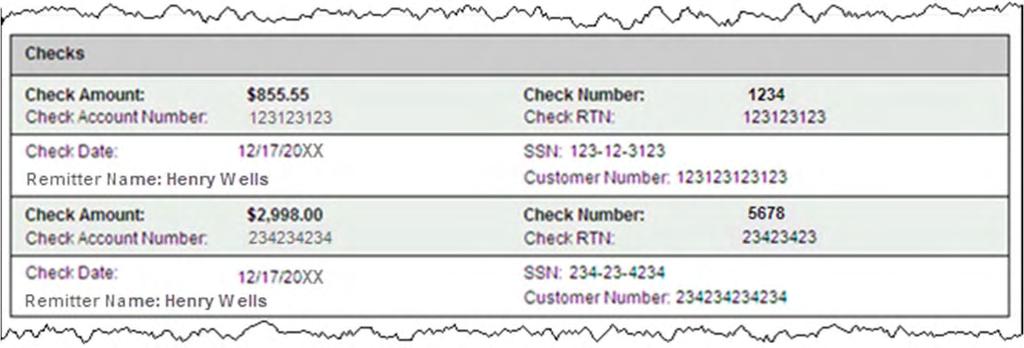 Transaction Details, cont. The Checks section provides details about each check including: Check Amount Check Number Check Account Number Check RTN (routing transit number).