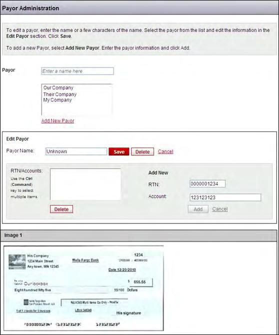 Payor Administration, cont. Updating an unknown payor, cont. The Payor Administration page displays the image of the transaction.