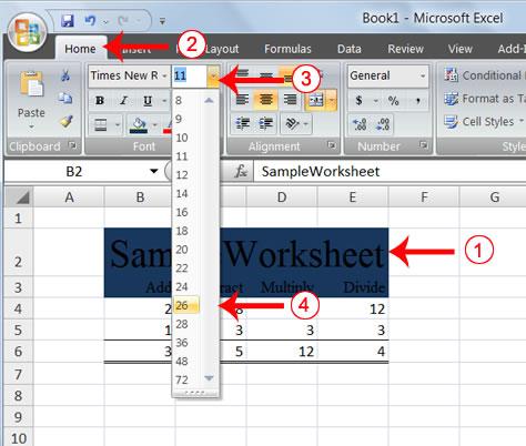 2. Choose the Home tab. 3. Click the down arrow next to the Font box. A list of fonts appears. As you scroll down the list of fonts, Excel provides a preview of the font in the cell you selected. 4.