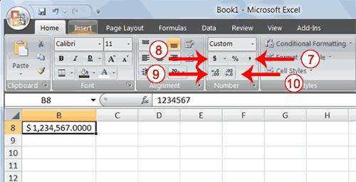 5. Click the down arrow next to the Number Format box. A menu appears. 6. Click Number. Excel adds two decimal places to the number you typed. 7.