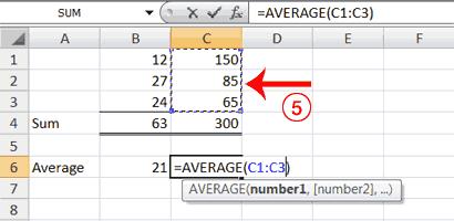 5. Select cells C1 to C3. 6. Press Enter. The average of cells C1 to C3, which is 100, appears.