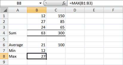 You can use the MAX function to find the highest number in a series of numbers. 1. Move to cell A8. 2. Type Max. 3. Press the right arrow key to move to cell B8. 4.