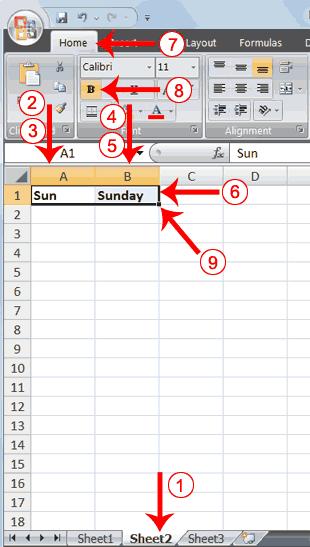 EXERCISE 2 Fill Cells Automatically The following demonstrates filling the days of the week: 1. Click the Sheet2 tab. Excel moves to Sheet2. 2. Move to cell A1.