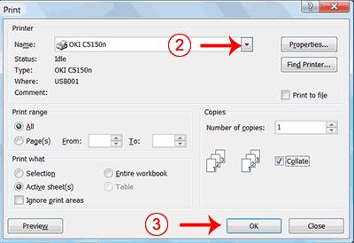 Print 1. Click the Print button. The Print dialog box appears. 2. Click the down arrow next to the name field and select the printer to which you want to print. 3. Click OK.