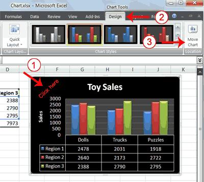 1. Use the handles to adjust the size of your chart. 2. Click an unused portion of the chart and drag to position the chart beside the data.