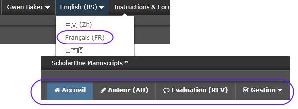 Clarivate Analytics ScholarOne Manuscripts Author User Guide Page 6 LANGUAGE TOGGLE Language toggle allows you to switch the display from the default language of English to another language.