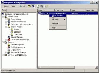 Authorized users can manage shares and disconnect active sessions from the Shared Folders object in the Computer Management GUI.