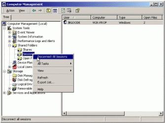 For Windows 2000 Server, members of the Server Operators group can also use Shared Folders. Note that disconnecting users who are using resources may result in loss of data.