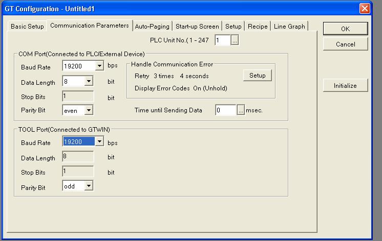 4. Select the Communications Parameters tab from the GT Configuration dialog box. The PLC Unit No should be set to the ID of the Tritex drive that you are trying to communicate with.