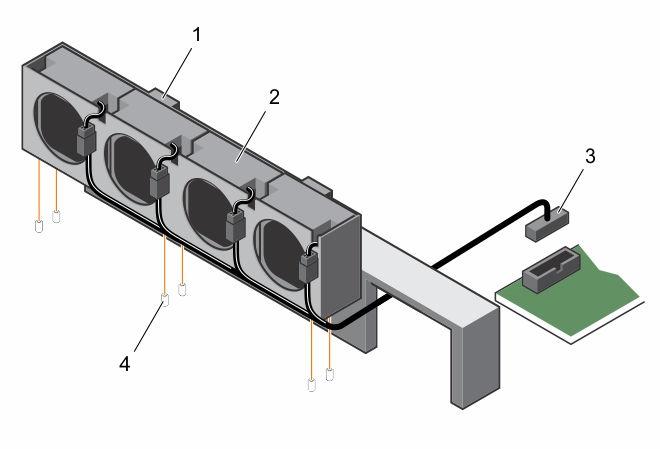 2. Follow the procedure listed in the Before working inside your system section. 1. Disconnect the fan s power cable from the power distribution board 1. 2.