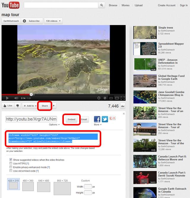 Embed YouTube videos in your Balloons You can easily embed a YouTube video into a placemark balloon in Google Earth. 1 Upload your video to YouTube or choose a video that's already uploaded.
