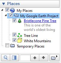 Your new folder is added to the Places panel. 4 Click- and- drag each place (your placemarks, paths, and polygons) into the folder to organize your project.
