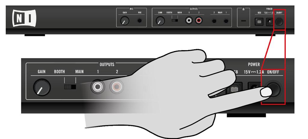 Appendix A Common Setups TRAKTOR KONTROL S2 Basic Setup Turn On Your S2 1. On the rear panel of your S2, engage the ON/OFF switch to switch on the device. 2.