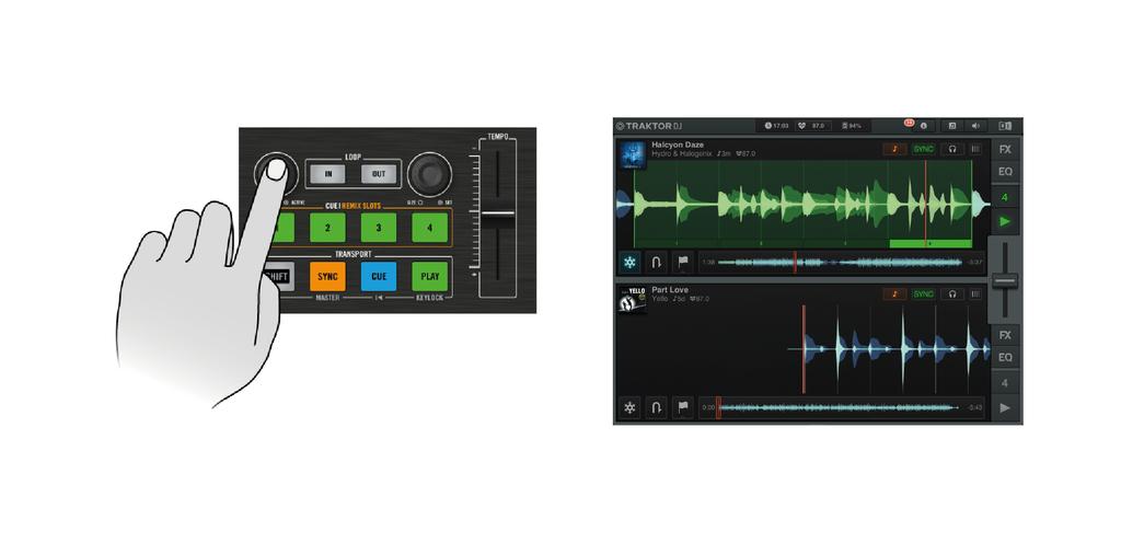 Using the S2 with TRAKTOR DJ Using the Transport Section 3. Press the Loop MOVE encoder to engage TRAKTOR DJ's Loop Slicer mode.