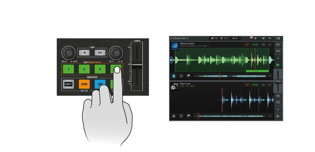 Using the S2 with TRAKTOR DJ Using the Transport Section Triggering Hotcue button 4 in TRAKTOR DJ's Loop Slicer mode.