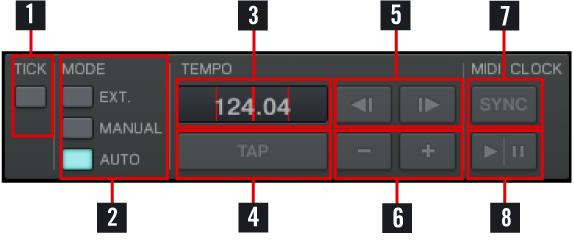 5.4.3 Master Clock 1. 2. Master Clock Tick: Toggles the Beat Tick: an audible metronome synced to the Master Clock. Mode: Manual: manually assign tempo source to the Master Clock or to a Deck.