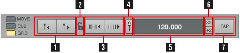 Beatgrid Panel (Grid): 1. Adjust Beatmarker Buttons: These buttons adjust the position of the Beatmarker. As a result the whole Beatgrid gets shifted left or right.