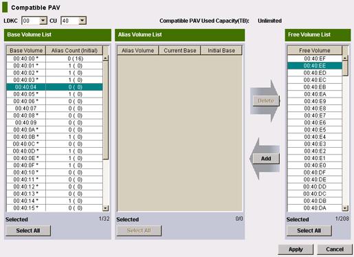Hitachi Compatible PAV window Use the Compatible PAV window to assign alias devices to base devices.