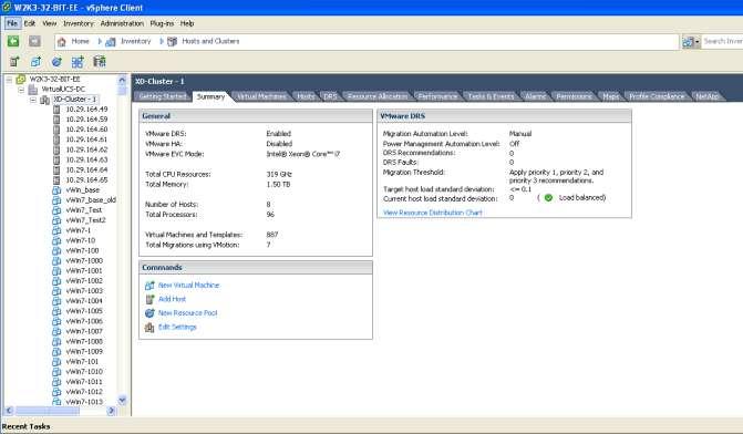 Figure 48. VMware vsphere Configuration For the 16 server tests, two clusters were created and cluster-1 had all the eight ESX 4.0U2 and cluster-2 had eight ESX 4.0iU2 installed.