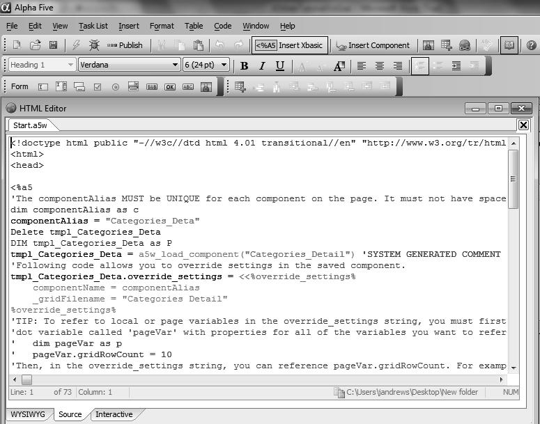 FIGURE 4-32: Start Page in the Source tab of HTML Editor Notice that the Xbasic code is inside <%a5 %> tags.