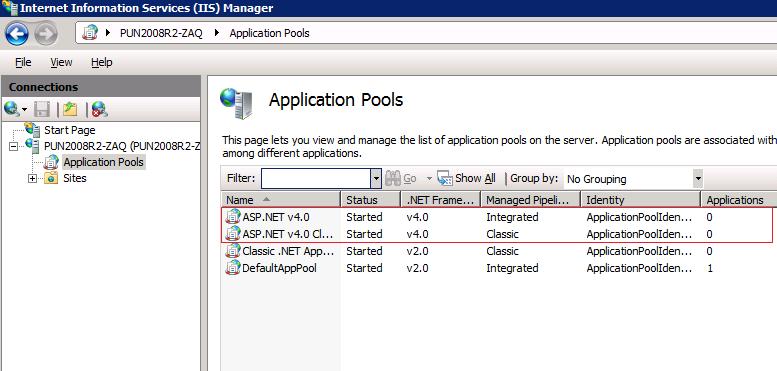 4. Verify if ASP.Net 4.0 pool is listed (Refer screen-shot below) If the ASP.NET 4.0 pool is not listed, then use the below section to configure appropriate.net Pool in IIS: Configure ASP.Net 4.0 Pools in IIS 1.