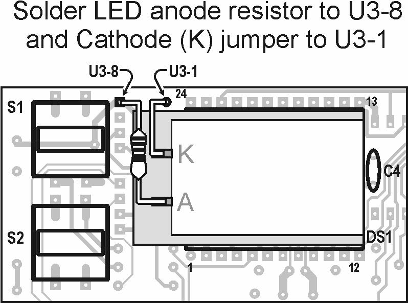Using the illustration at right, install the selected current-limiting resistor between the ANODE (A) pin of the backlight LED and pin 8 of U3 (+6VDC).
