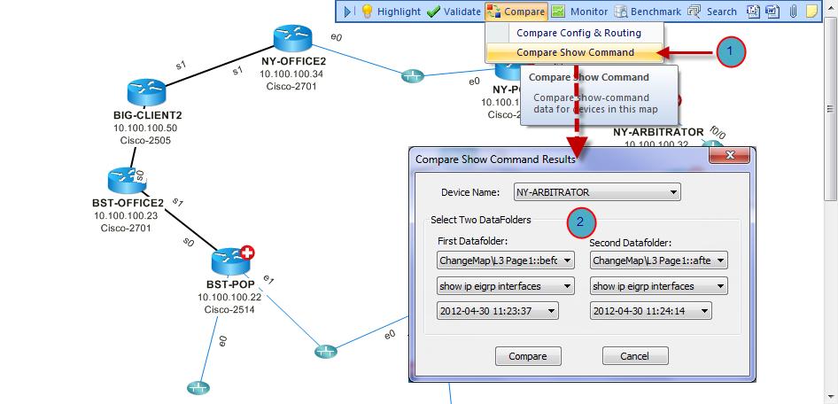 Select two data sources 3. View the show command output changes On the map from previous slide, from the map floating menu, click on Compare > Compare Show Command.