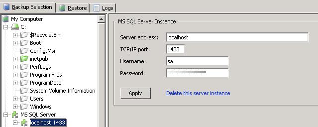 hand pane, as displayed in the image below. Use the MS SQL Server Instance section pane to configure this SQL instance.