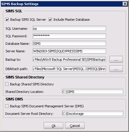 SIMS configuration On the Tools menu, point to Plug-ins, and then click SIMS Backup. Ensure that the Backup SIMS SQL Server check box is selected.